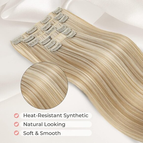 HOT CLIP in hair extensions Dark Blonde with Highlights - Picture 2 of 7